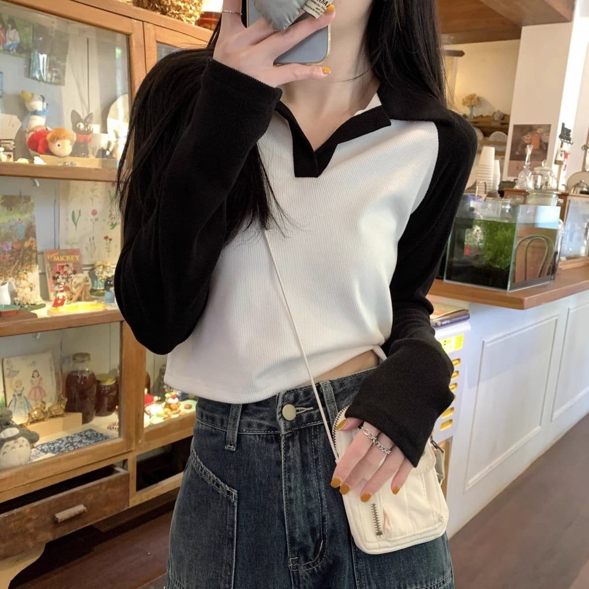 40 1 1 리브 면 한국 스타일 배색 POLO 칼라 긴팔 티셔츠 여성 가을 새로운 인터넷 유명인 몸매 가꾸기 캐주얼 맨위 상세 이미지 8