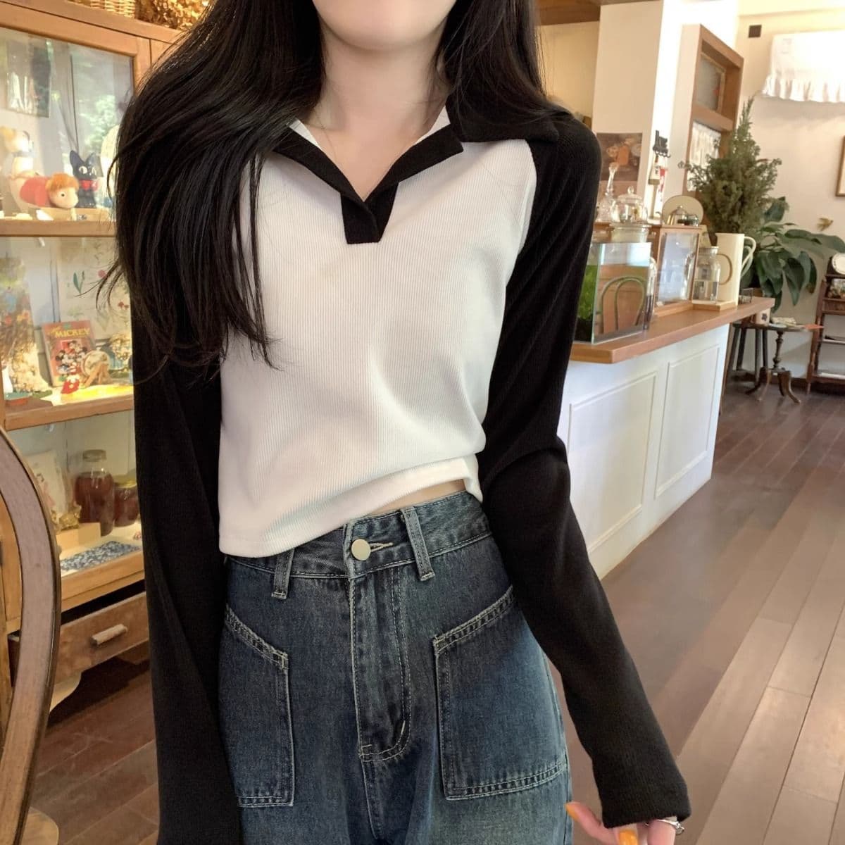 40 1 1 리브 면 한국 스타일 배색 POLO 칼라 긴팔 티셔츠 여성 가을 새로운 인터넷 유명인 몸매 가꾸기 캐주얼 맨위 상세 이미지 9