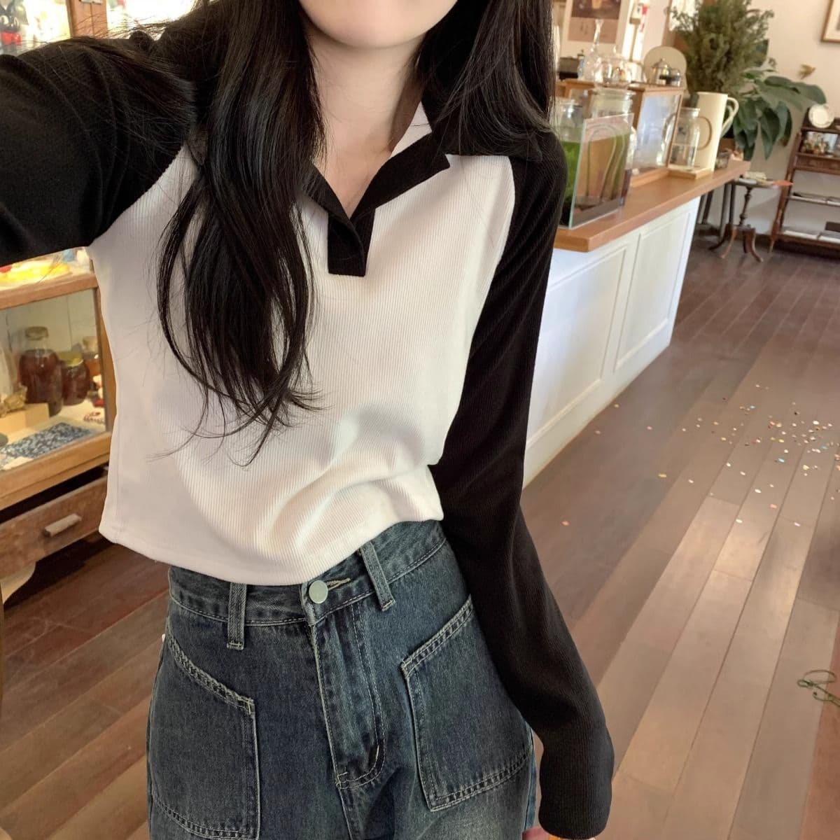 40 1 1 리브 면 한국 스타일 배색 POLO 칼라 긴팔 티셔츠 여성 가을 새로운 인터넷 유명인 몸매 가꾸기 캐주얼 맨위 상세 이미지 10