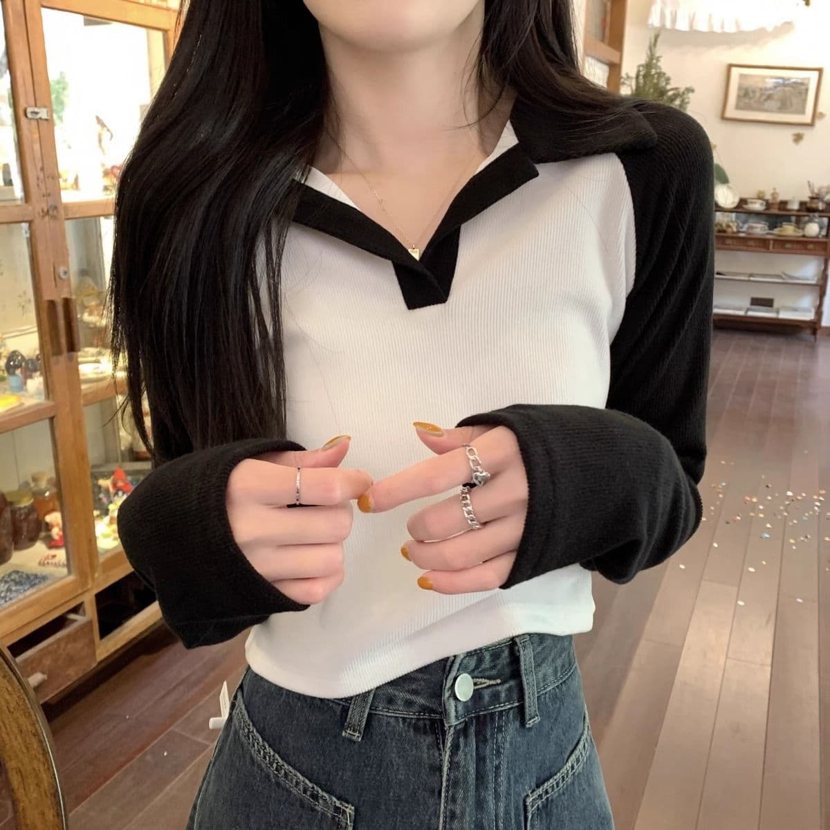 40 1 1 리브 면 한국 스타일 배색 POLO 칼라 긴팔 티셔츠 여성 가을 새로운 인터넷 유명인 몸매 가꾸기 캐주얼 맨위 상세 이미지 11