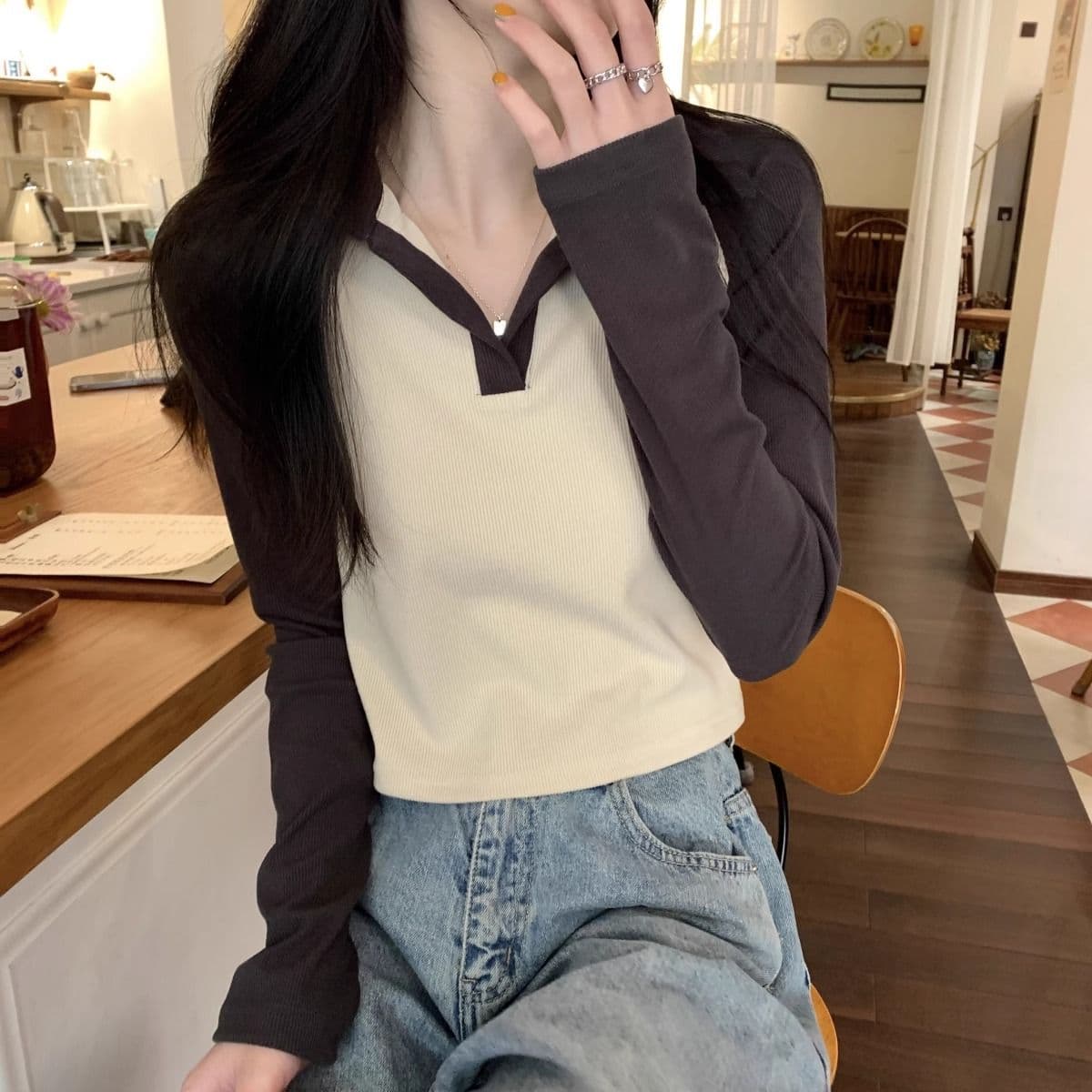 40 1 1 리브 면 한국 스타일 배색 POLO 칼라 긴팔 티셔츠 여성 가을 새로운 인터넷 유명인 몸매 가꾸기 캐주얼 맨위 상세 이미지 13