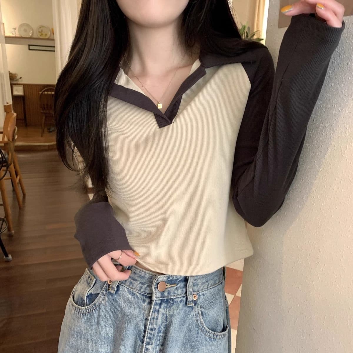 40 1 1 리브 면 한국 스타일 배색 POLO 칼라 긴팔 티셔츠 여성 가을 새로운 인터넷 유명인 몸매 가꾸기 캐주얼 맨위 상세 이미지 16