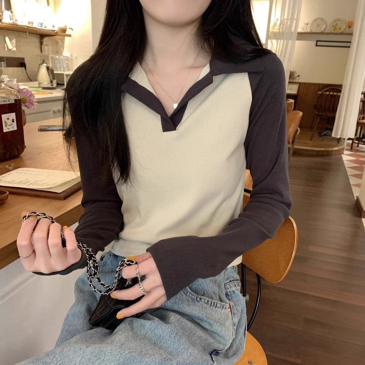 40 1 1 리브 면 한국 스타일 배색 POLO 칼라 긴팔 티셔츠 여성 가을 새로운 인터넷 유명인 몸매 가꾸기 캐주얼 맨위 상세 이미지 17