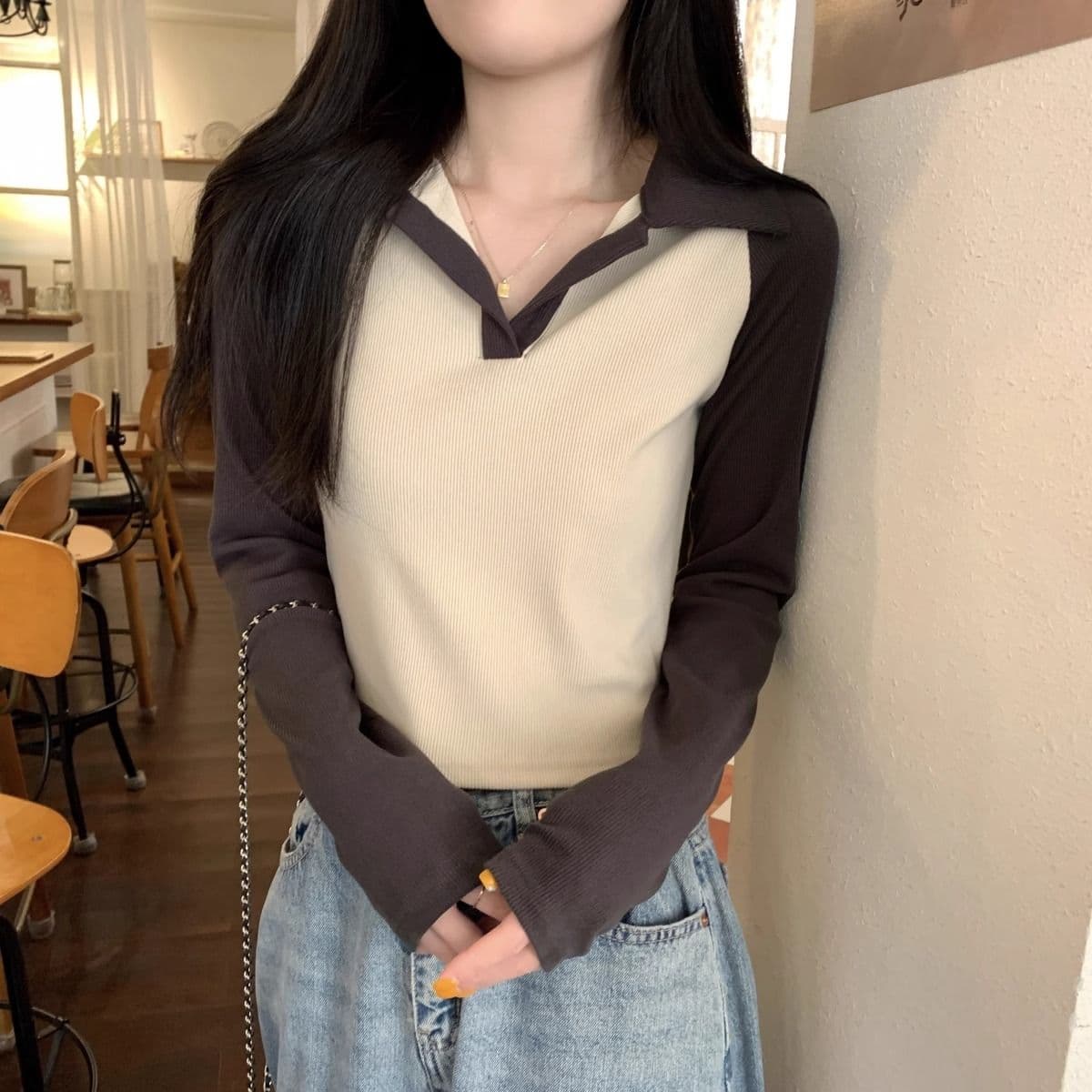 40 1 1 리브 면 한국 스타일 배색 POLO 칼라 긴팔 티셔츠 여성 가을 새로운 인터넷 유명인 몸매 가꾸기 캐주얼 맨위 상세 이미지 18