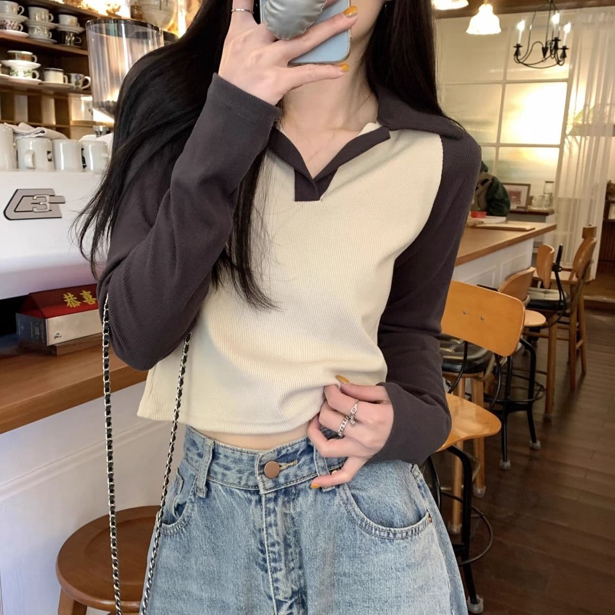 40 1 1 리브 면 한국 스타일 배색 POLO 칼라 긴팔 티셔츠 여성 가을 새로운 인터넷 유명인 몸매 가꾸기 캐주얼 맨위 상세 이미지 19