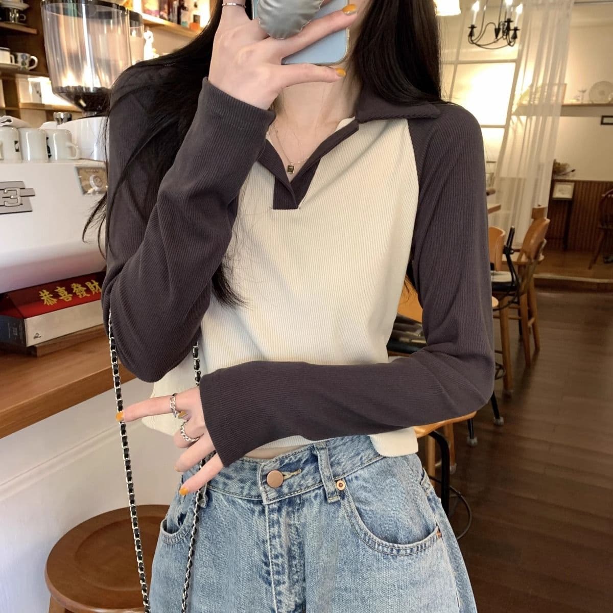 40 1 1 리브 면 한국 스타일 배색 POLO 칼라 긴팔 티셔츠 여성 가을 새로운 인터넷 유명인 몸매 가꾸기 캐주얼 맨위 상세 이미지 21
