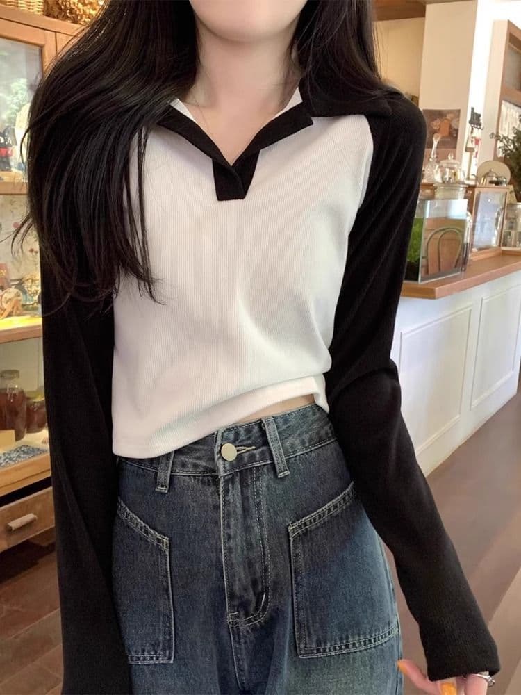 40 1 1 리브 면 한국 스타일 배색 POLO 칼라 긴팔 티셔츠 여성 가을 새로운 인터넷 유명인 몸매 가꾸기 캐주얼 맨위 상세 이미지 22
