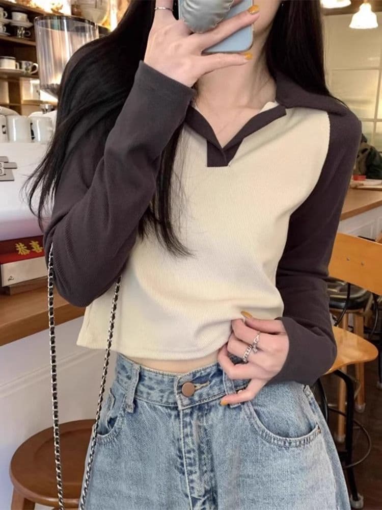 40 1 1 리브 면 한국 스타일 배색 POLO 칼라 긴팔 티셔츠 여성 가을 새로운 인터넷 유명인 몸매 가꾸기 캐주얼 맨위 상세 이미지 23