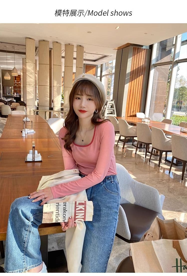 40 1 1 리브 면 긴팔 티셔츠 여성 의류 2026 가을 새로운 인사이드 가져 가라. 만나는 몸매 가꾸기 광장 칼라 맨위 상세 이미지 4
