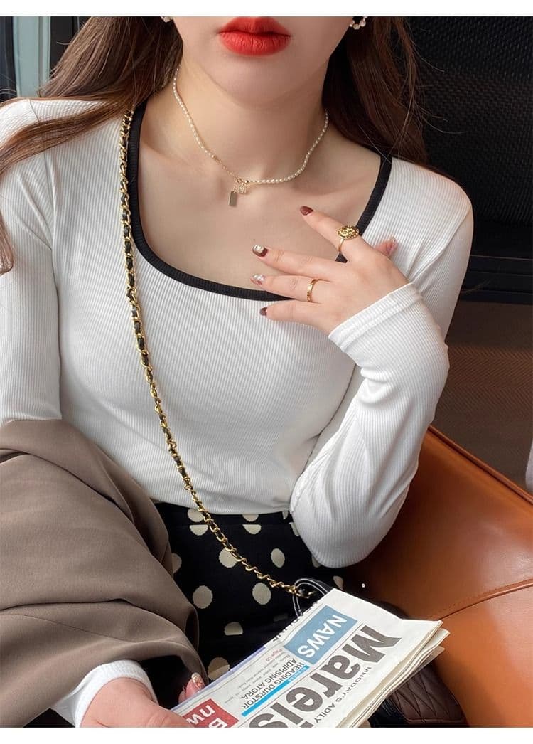 40 1 1 리브 면 긴팔 티셔츠 여성 의류 2026 가을 새로운 인사이드 가져 가라. 만나는 몸매 가꾸기 광장 칼라 맨위 상세 이미지 9