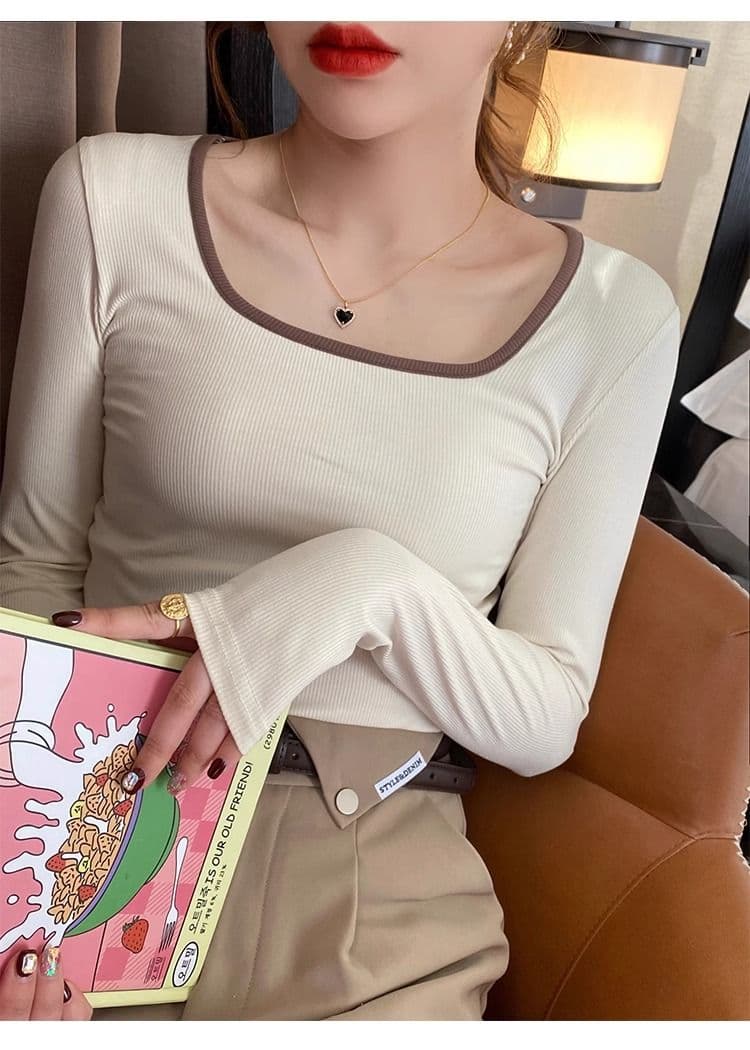 40 1 1 리브 면 긴팔 티셔츠 여성 의류 2026 가을 새로운 인사이드 가져 가라. 만나는 몸매 가꾸기 광장 칼라 맨위 상세 이미지 19