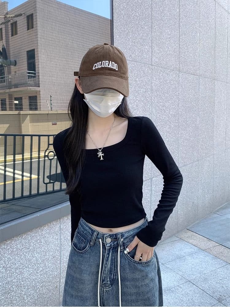 40 1 1 리브 면 긍정적 인 어깨 광장 칼라 티셔츠 여성 인사이드 가져 가라. 기본 셔츠 가을 타이트 핫걸 긴팔 맨위 이미지 3