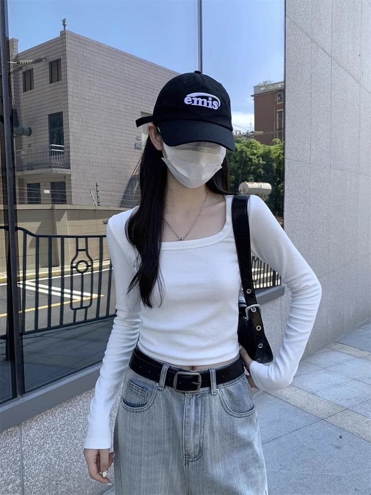 40 1 1 리브 면 긍정적 인 어깨 광장 칼라 티셔츠 여성 인사이드 가져 가라. 기본 셔츠 가을 타이트 핫걸 긴팔 맨위 이미지 2