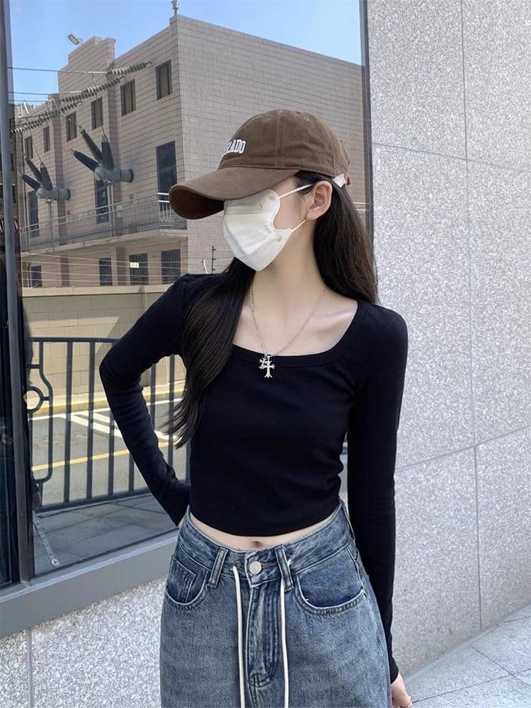 40 1 1 리브 면 긍정적 인 어깨 광장 칼라 티셔츠 여성 인사이드 가져 가라. 기본 셔츠 가을 타이트 핫걸 긴팔 맨위