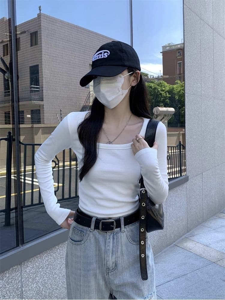 40 1 1 리브 면 긍정적 인 어깨 광장 칼라 티셔츠 여성 인사이드 가져 가라. 기본 셔츠 가을 타이트 핫걸 긴팔 맨위 이미지 4