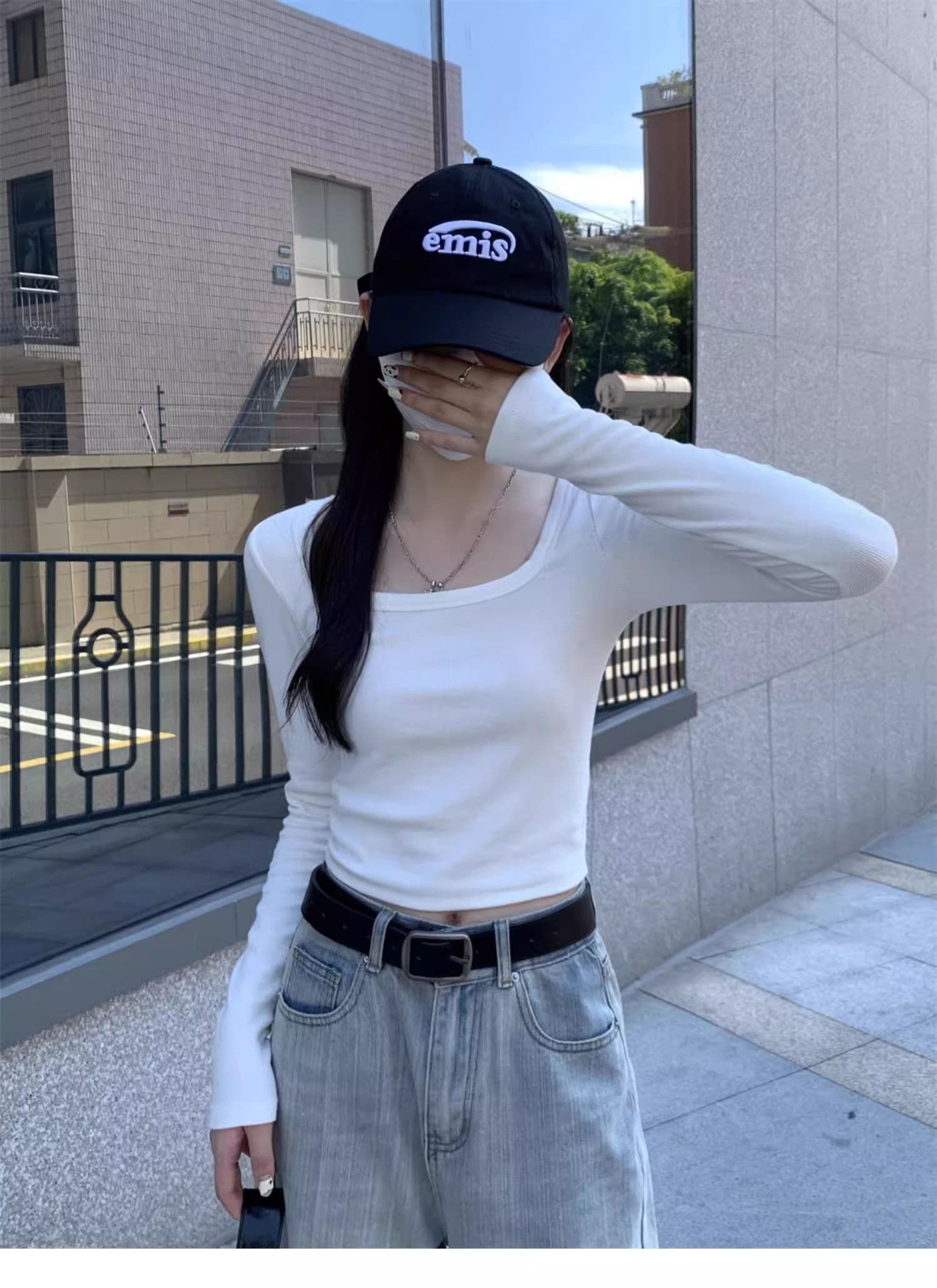 40 1 1 리브 면 긍정적 인 어깨 광장 칼라 티셔츠 여성 인사이드 가져 가라. 기본 셔츠 가을 타이트 핫걸 긴팔 맨위 상세 이미지 2