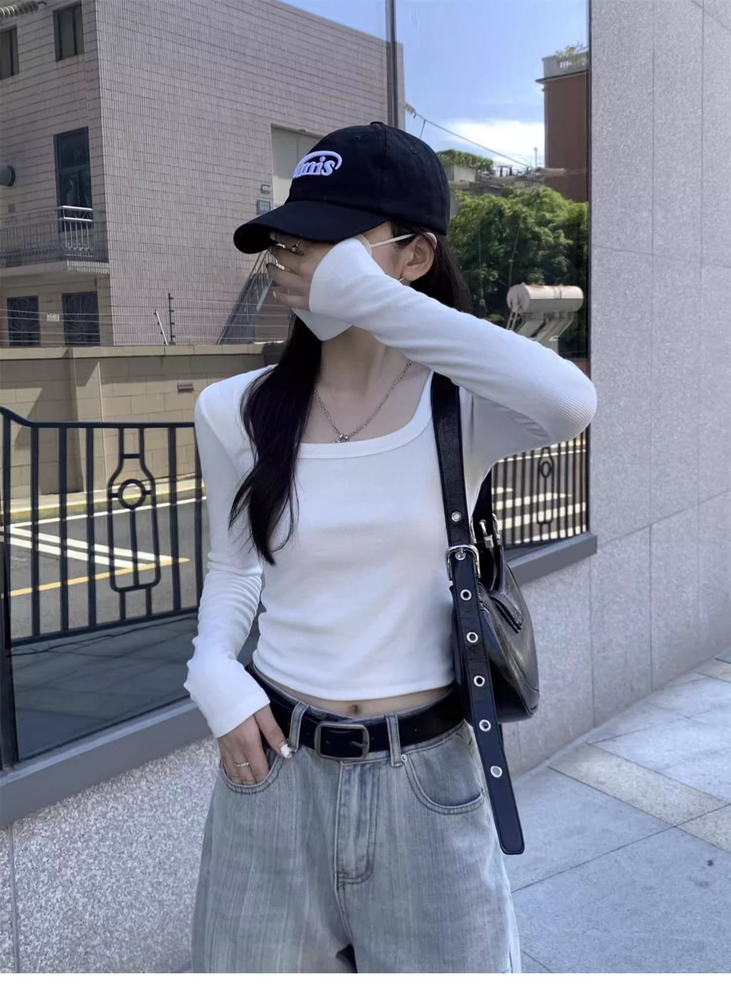 40 1 1 리브 면 긍정적 인 어깨 광장 칼라 티셔츠 여성 인사이드 가져 가라. 기본 셔츠 가을 타이트 핫걸 긴팔 맨위 상세 이미지 3