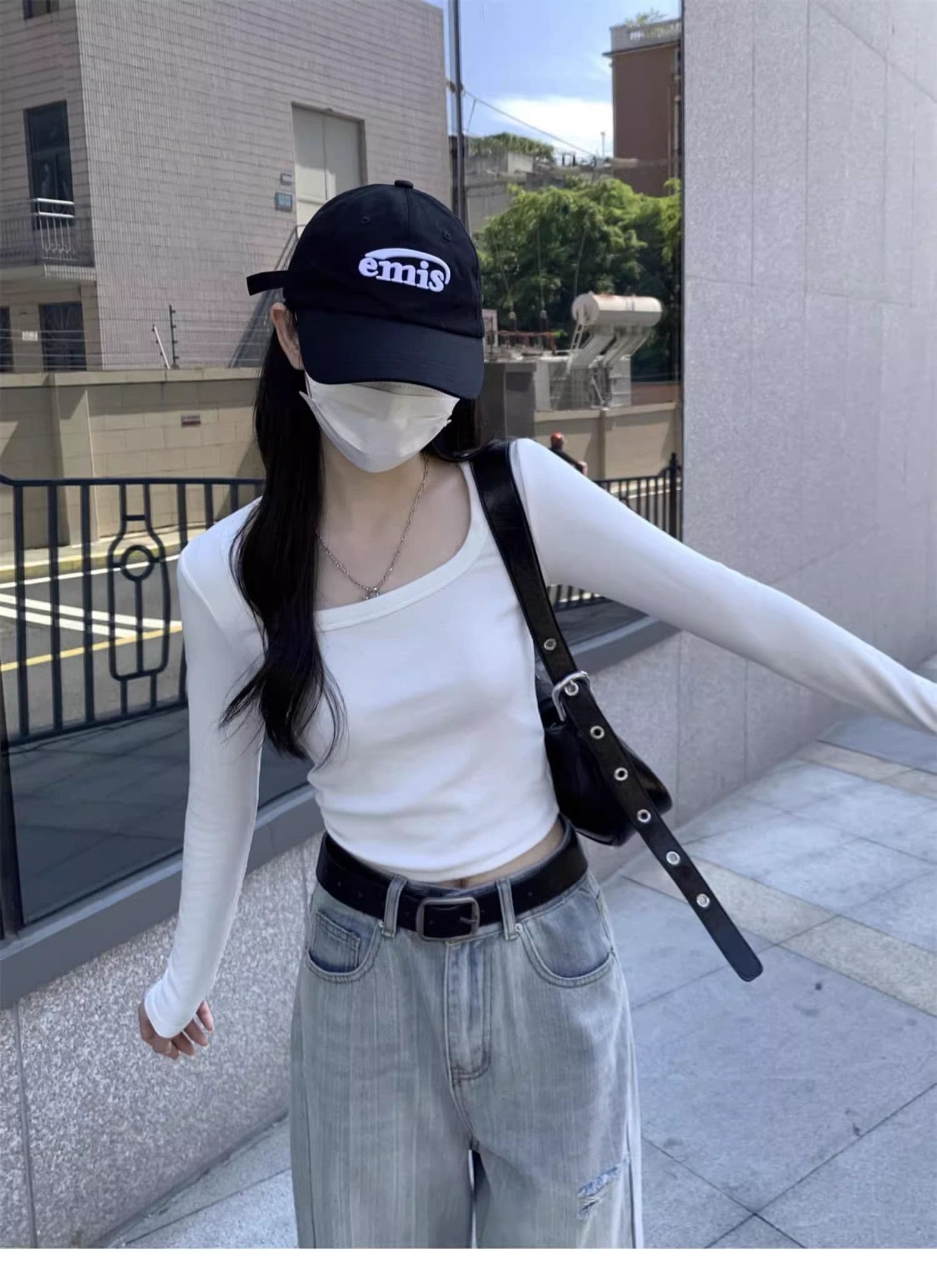 40 1 1 리브 면 긍정적 인 어깨 광장 칼라 티셔츠 여성 인사이드 가져 가라. 기본 셔츠 가을 타이트 핫걸 긴팔 맨위 상세 이미지 4