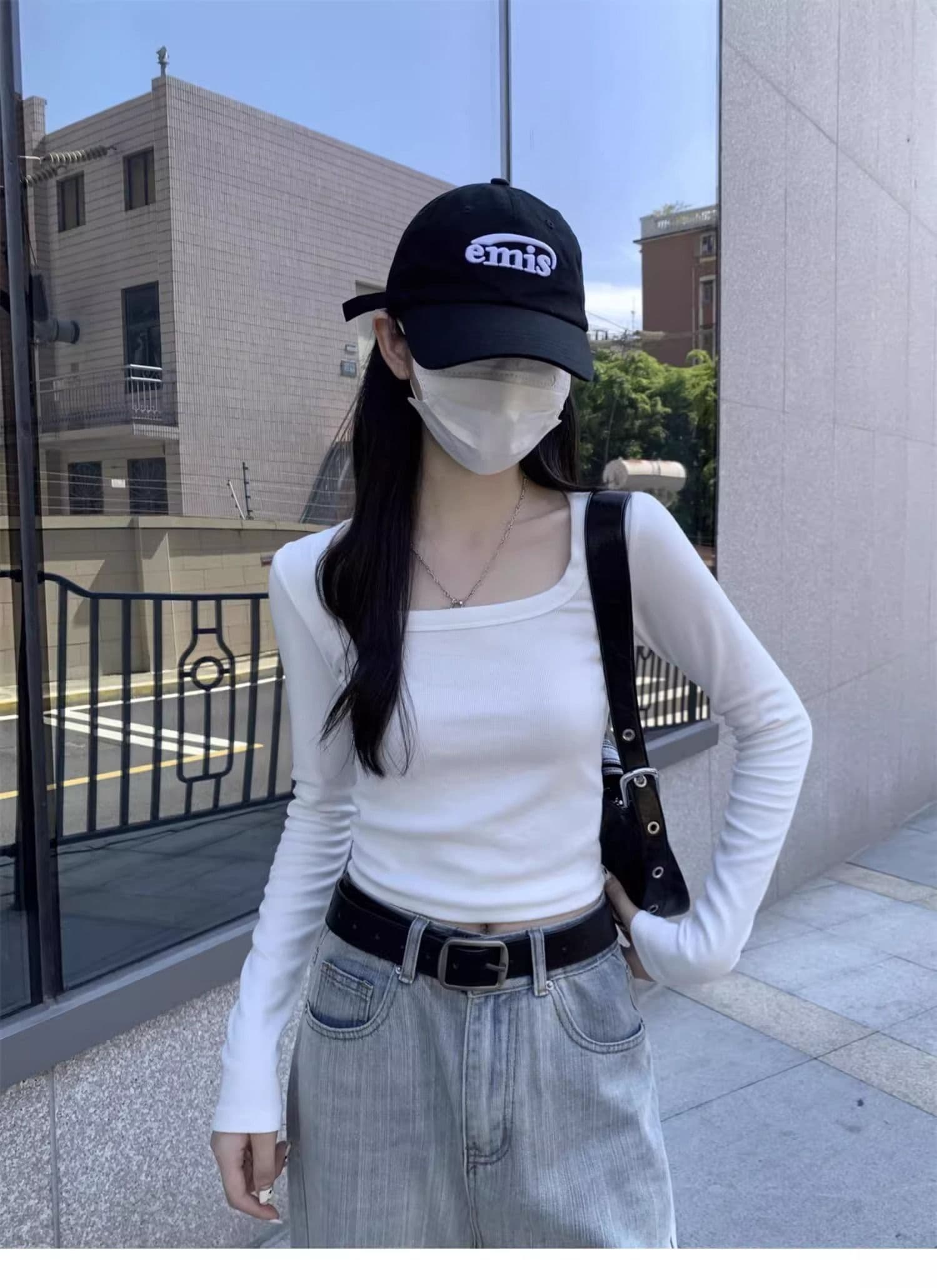 40 1 1 리브 면 긍정적 인 어깨 광장 칼라 티셔츠 여성 인사이드 가져 가라. 기본 셔츠 가을 타이트 핫걸 긴팔 맨위 상세 이미지 5