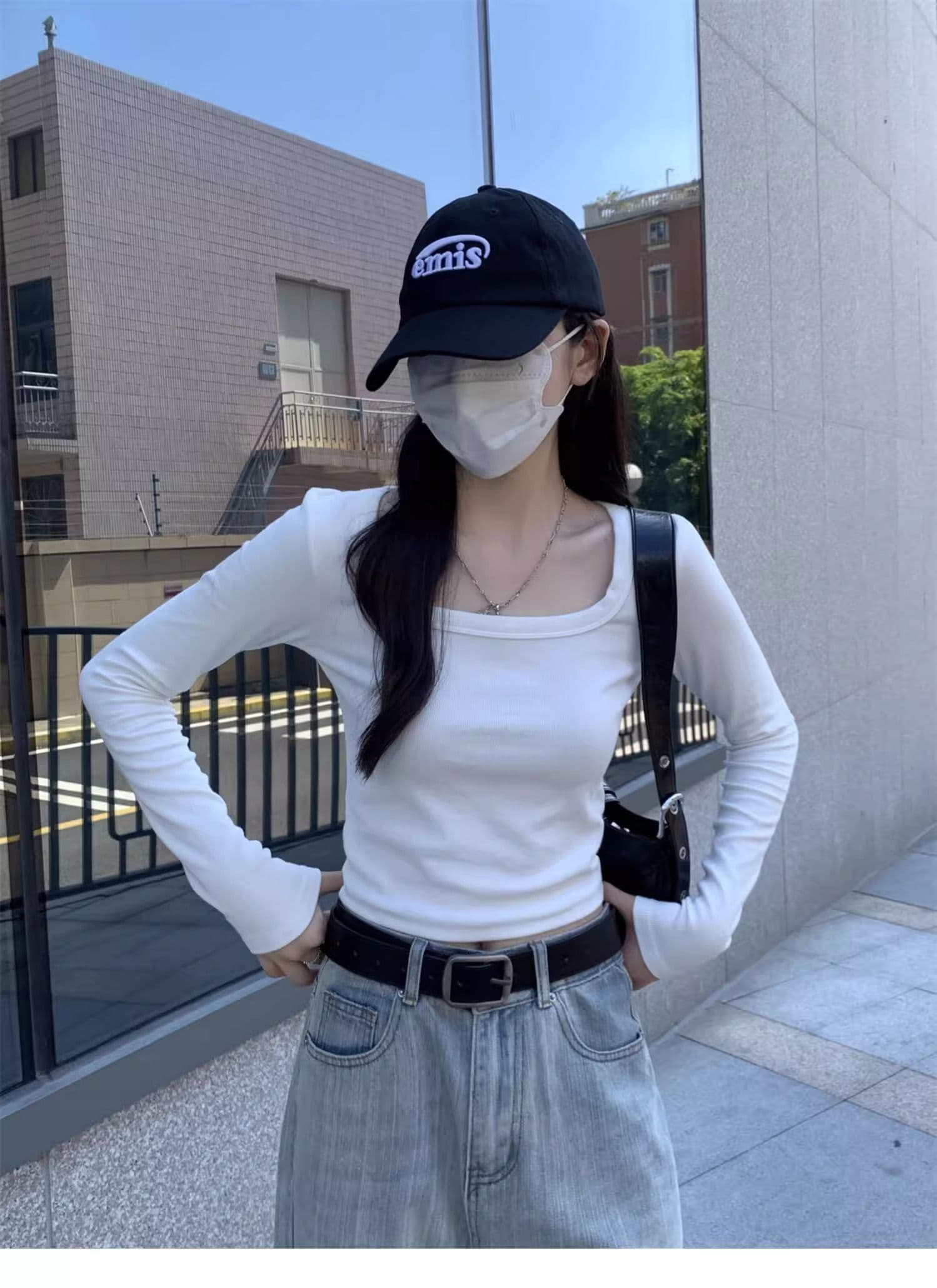 40 1 1 리브 면 긍정적 인 어깨 광장 칼라 티셔츠 여성 인사이드 가져 가라. 기본 셔츠 가을 타이트 핫걸 긴팔 맨위 상세 이미지 6