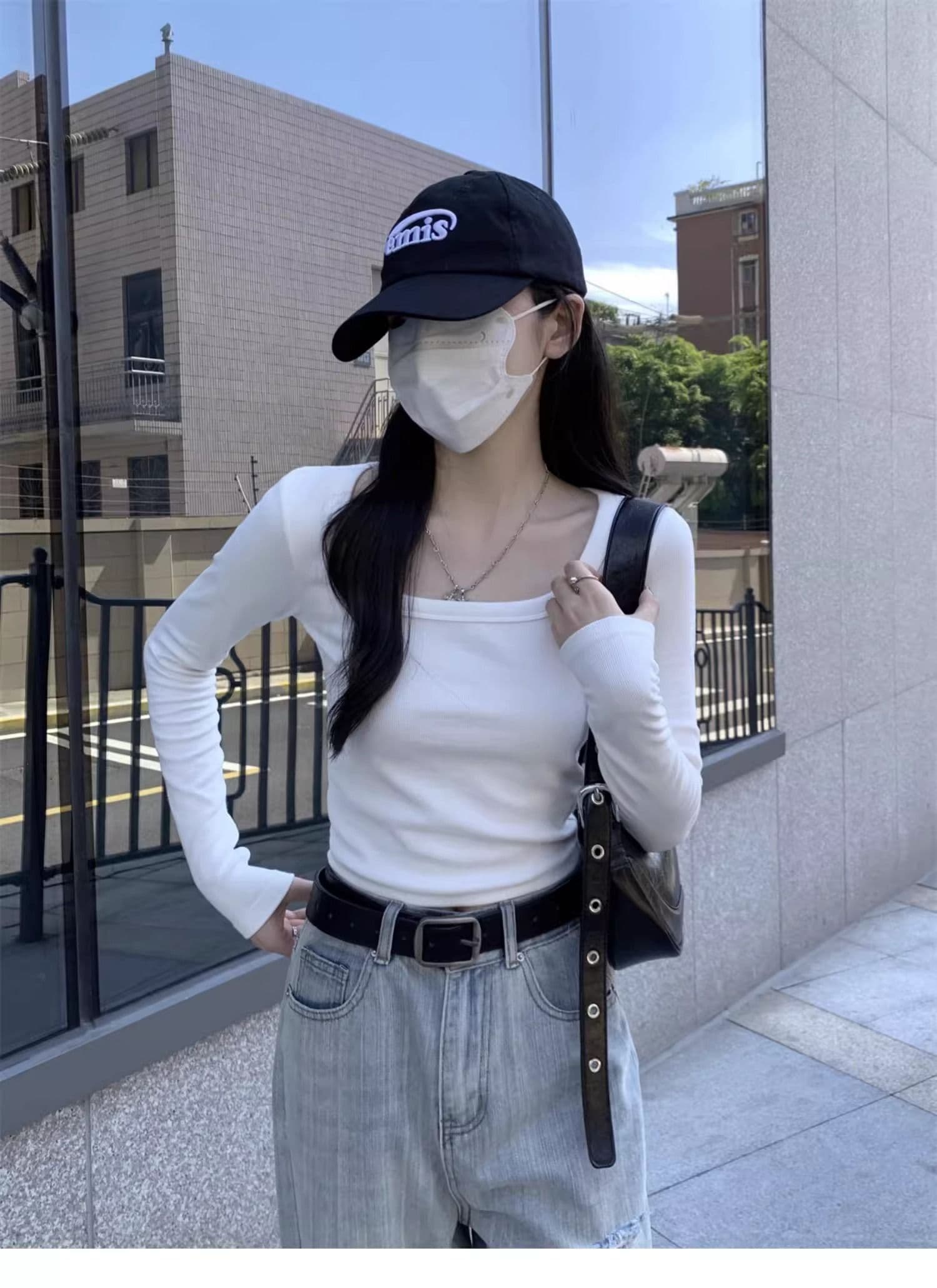 40 1 1 리브 면 긍정적 인 어깨 광장 칼라 티셔츠 여성 인사이드 가져 가라. 기본 셔츠 가을 타이트 핫걸 긴팔 맨위 상세 이미지 7