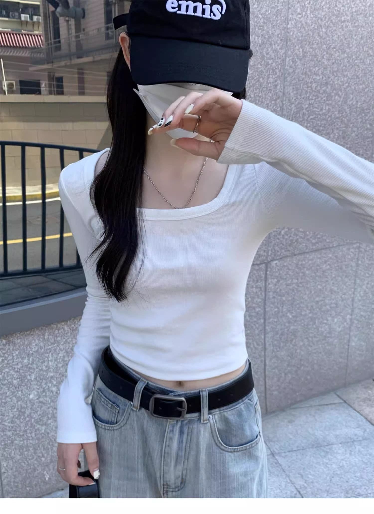 40 1 1 리브 면 긍정적 인 어깨 광장 칼라 티셔츠 여성 인사이드 가져 가라. 기본 셔츠 가을 타이트 핫걸 긴팔 맨위 상세 이미지 9