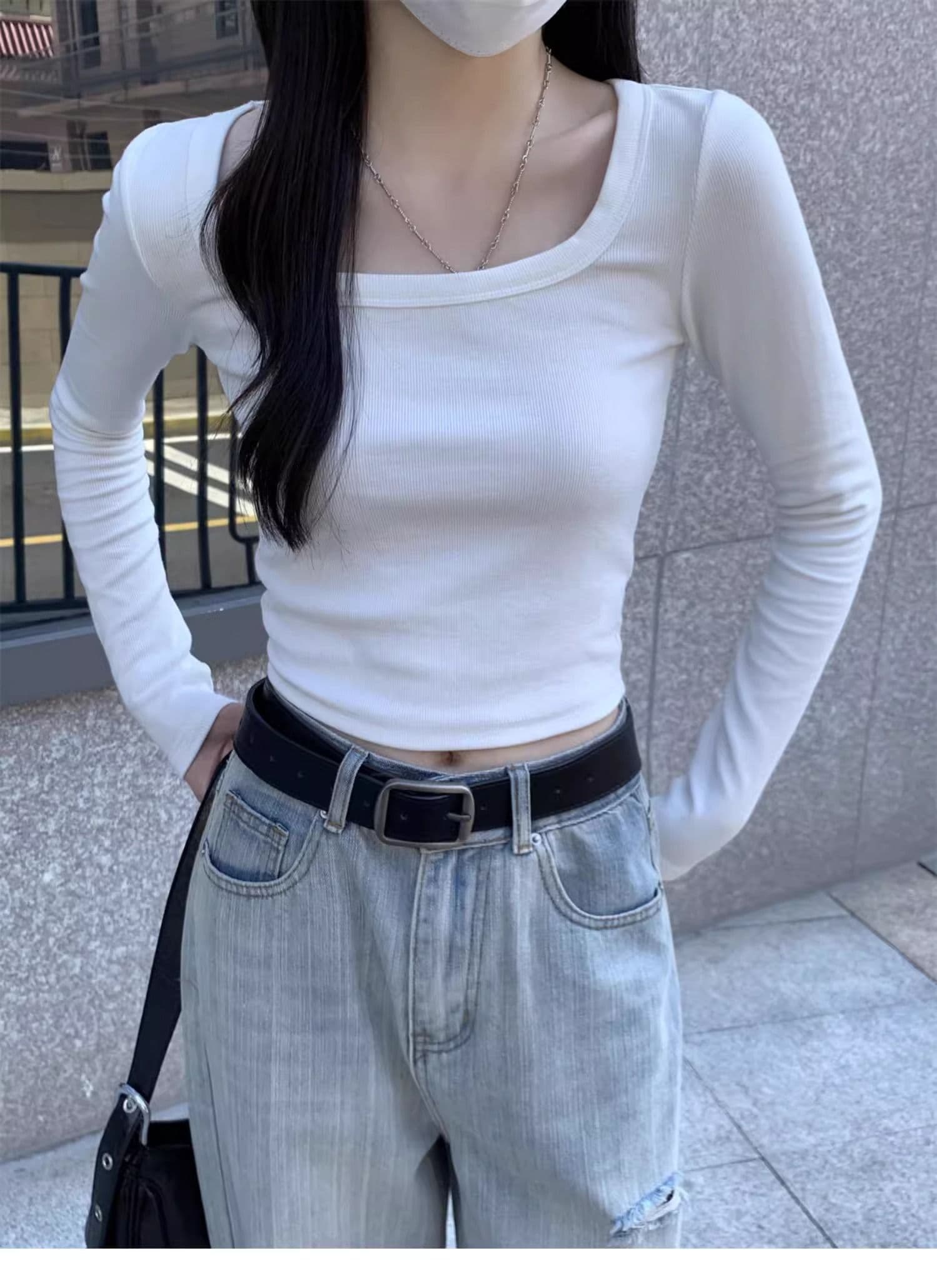 40 1 1 리브 면 긍정적 인 어깨 광장 칼라 티셔츠 여성 인사이드 가져 가라. 기본 셔츠 가을 타이트 핫걸 긴팔 맨위 상세 이미지 10