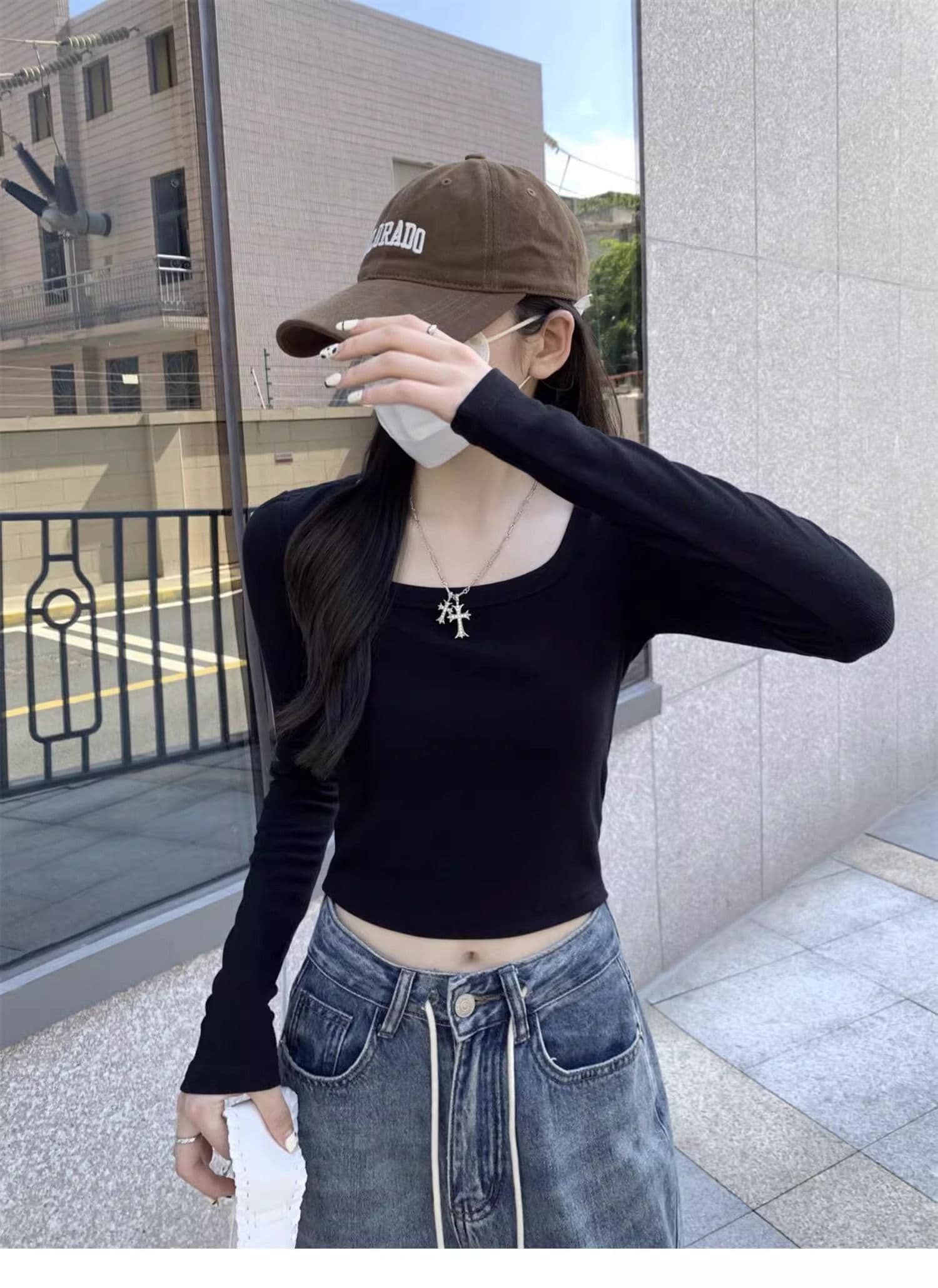 40 1 1 리브 면 긍정적 인 어깨 광장 칼라 티셔츠 여성 인사이드 가져 가라. 기본 셔츠 가을 타이트 핫걸 긴팔 맨위 상세 이미지 11