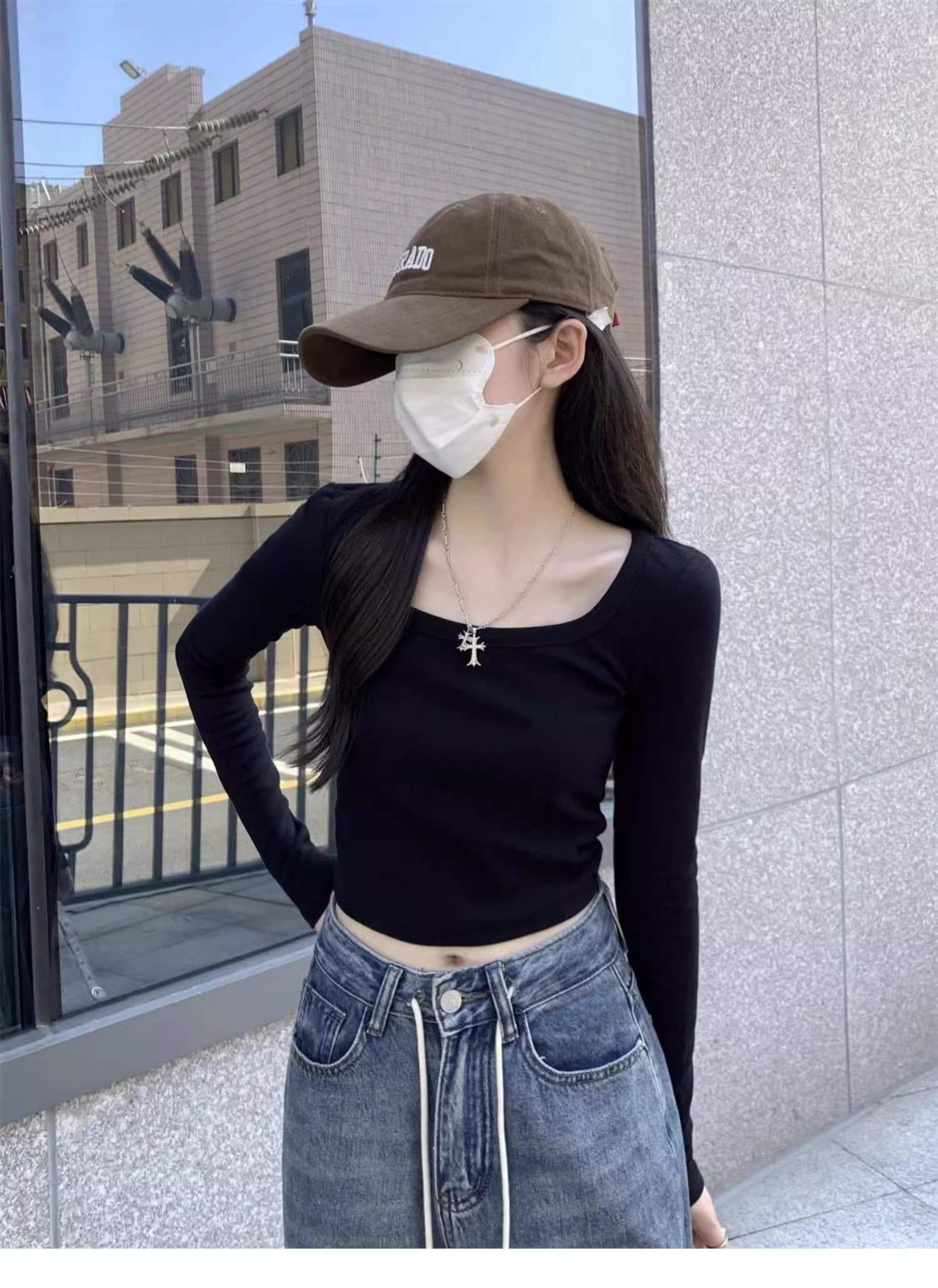 40 1 1 리브 면 긍정적 인 어깨 광장 칼라 티셔츠 여성 인사이드 가져 가라. 기본 셔츠 가을 타이트 핫걸 긴팔 맨위 상세 이미지 13