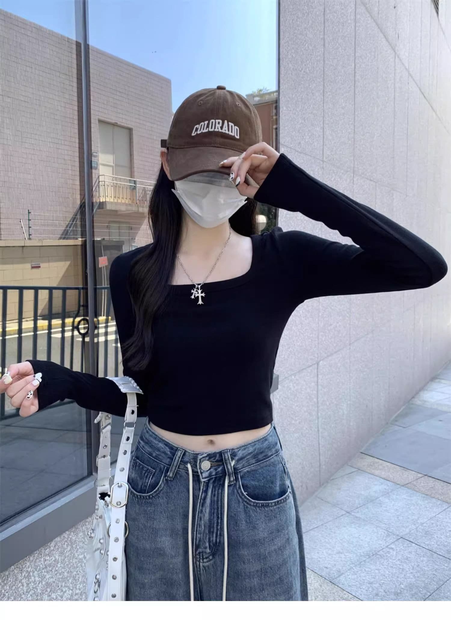 40 1 1 리브 면 긍정적 인 어깨 광장 칼라 티셔츠 여성 인사이드 가져 가라. 기본 셔츠 가을 타이트 핫걸 긴팔 맨위 상세 이미지 15