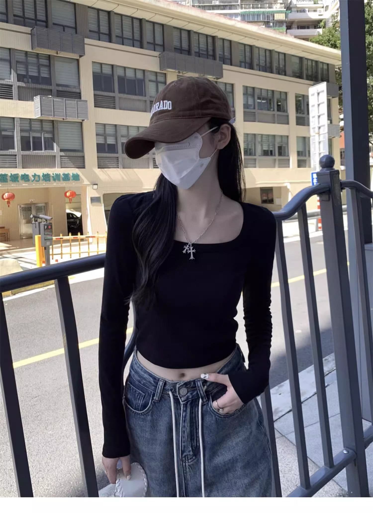 40 1 1 리브 면 긍정적 인 어깨 광장 칼라 티셔츠 여성 인사이드 가져 가라. 기본 셔츠 가을 타이트 핫걸 긴팔 맨위 상세 이미지 16
