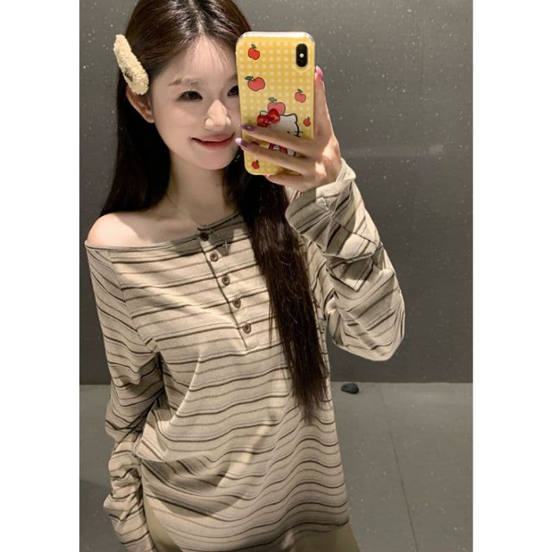 있음 선적 컬러 짜임 기사 배색 스트라이프 오프숄더 긴팔 티셔츠 여성 가을 디자인 센스 핫걸 오프숄더 맨위 상세 이미지 3