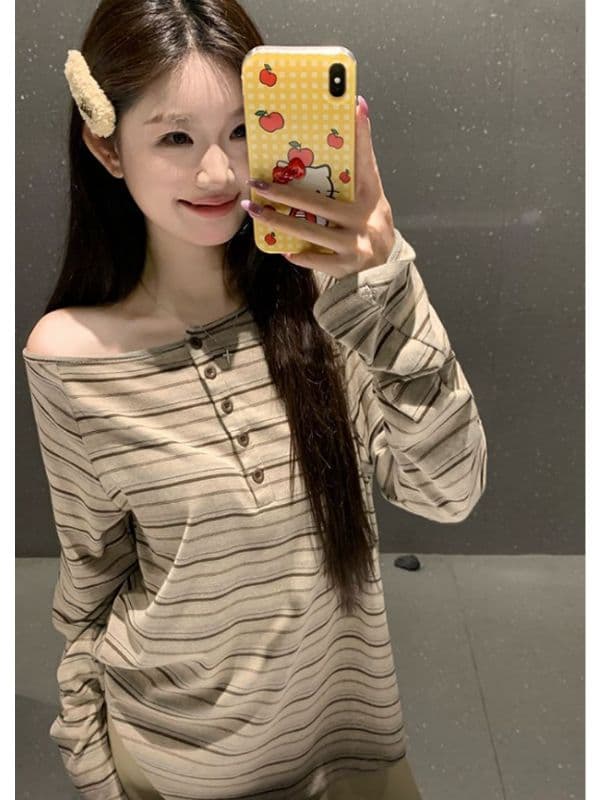 있음 선적 컬러 짜임 기사 배색 스트라이프 오프숄더 긴팔 티셔츠 여성 가을 디자인 센스 핫걸 오프숄더 맨위 상세 이미지 6