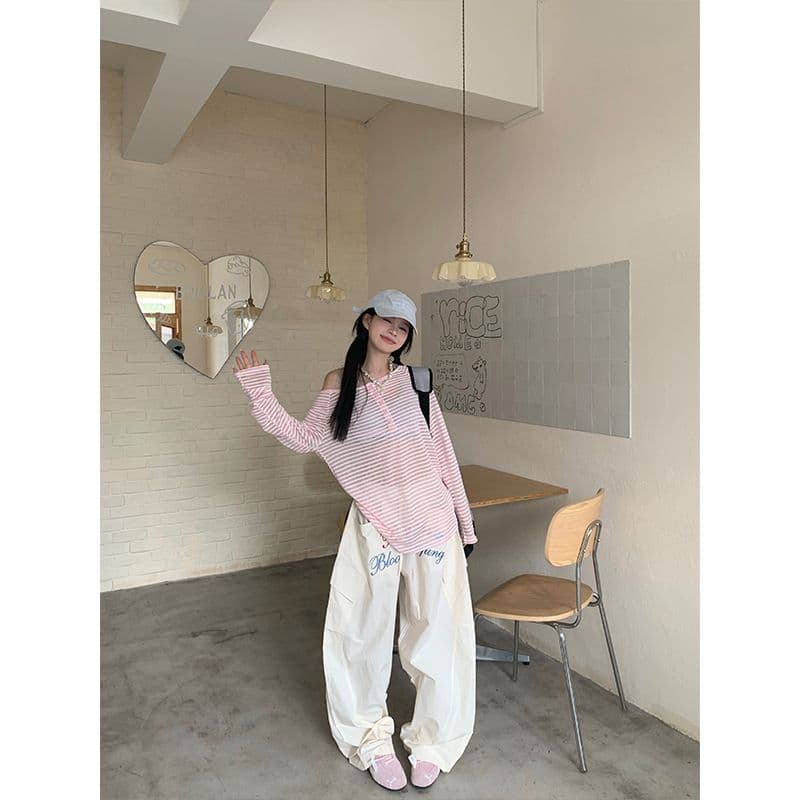 있음 선적 원본 것 느긋한 바람 배색 스트라이프 오프숄더 긴팔 티셔츠 여성 가을 루즈핏 얇은 스타일 맨위 상세 이미지 26