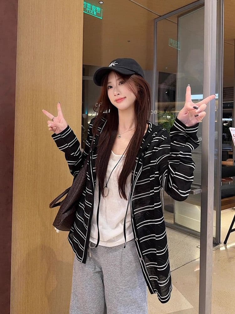 눈꽃 면 한 부서 스트라이프 긴팔 후드 카디건 코트 가을 루즈핏 얇은 스타일 태양 보호 셔츠 맨위 여성 상세 이미지 4