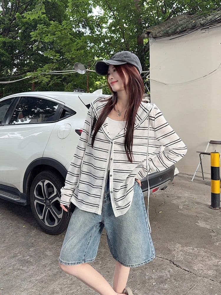 눈꽃 면 한 부서 스트라이프 긴팔 후드 카디건 코트 가을 루즈핏 얇은 스타일 태양 보호 셔츠 맨위 여성 상세 이미지 6