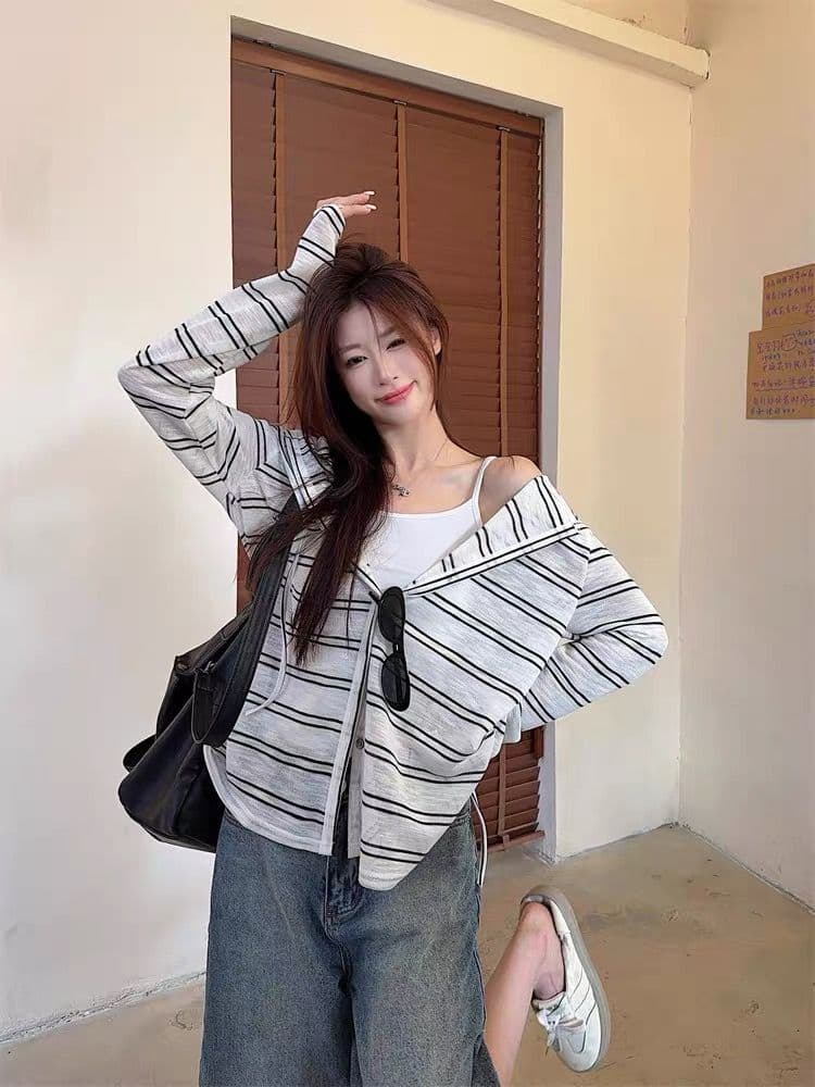 눈꽃 면 한 부서 스트라이프 긴팔 후드 카디건 코트 가을 루즈핏 얇은 스타일 태양 보호 셔츠 맨위 여성 상세 이미지 7