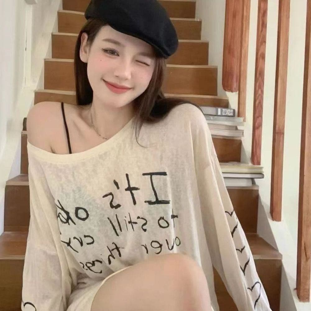 있음 선적 대나무 마디 스트라이프 레트로 프린트 긴팔 티셔츠 여성 가을 느긋한 바람 얇은 스타일 자외선 차단 블라우스 맨위 이미지 4