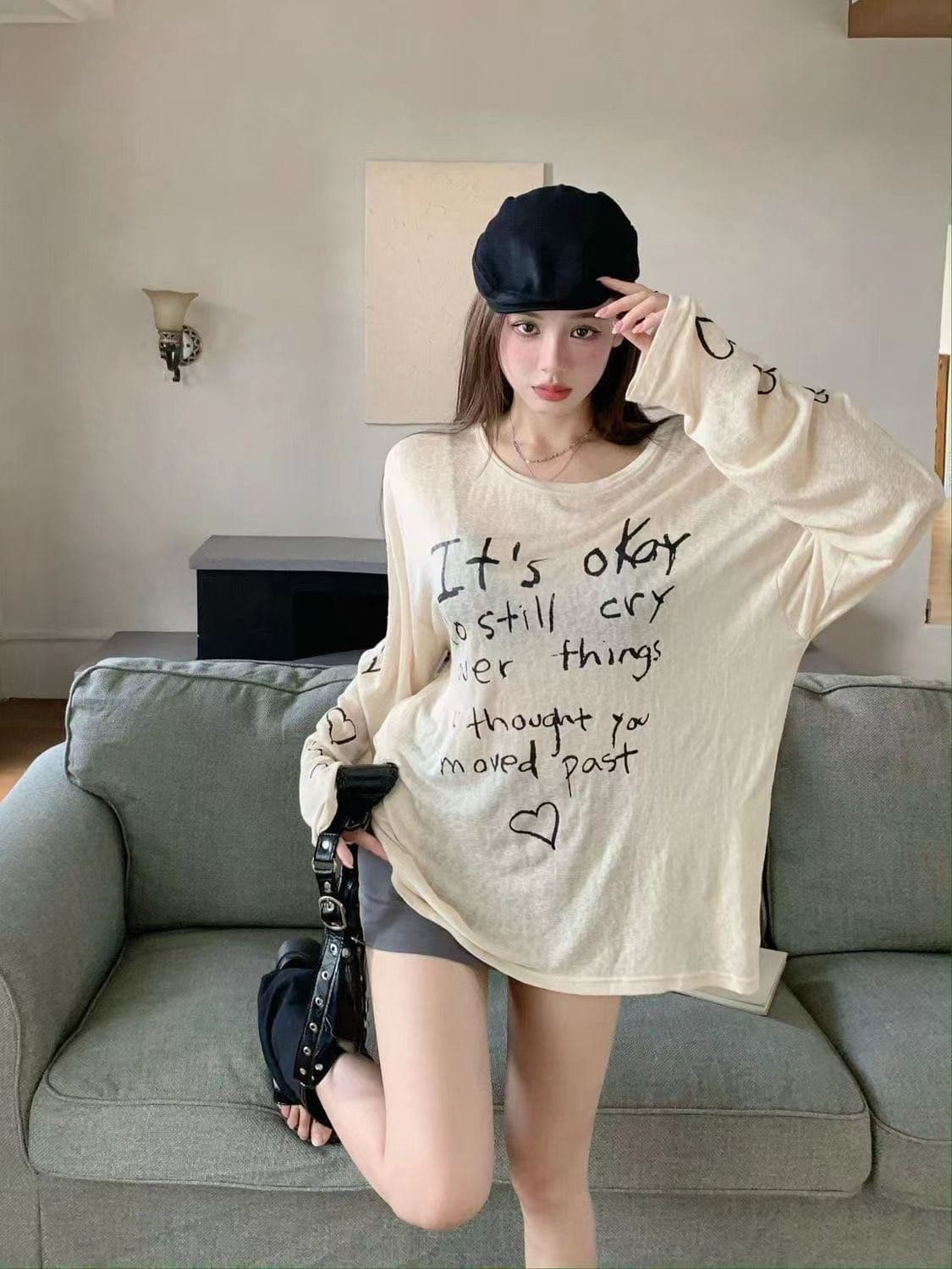 있음 선적 대나무 마디 스트라이프 레트로 프린트 긴팔 티셔츠 여성 가을 느긋한 바람 얇은 스타일 자외선 차단 블라우스 맨위 상세 이미지 6