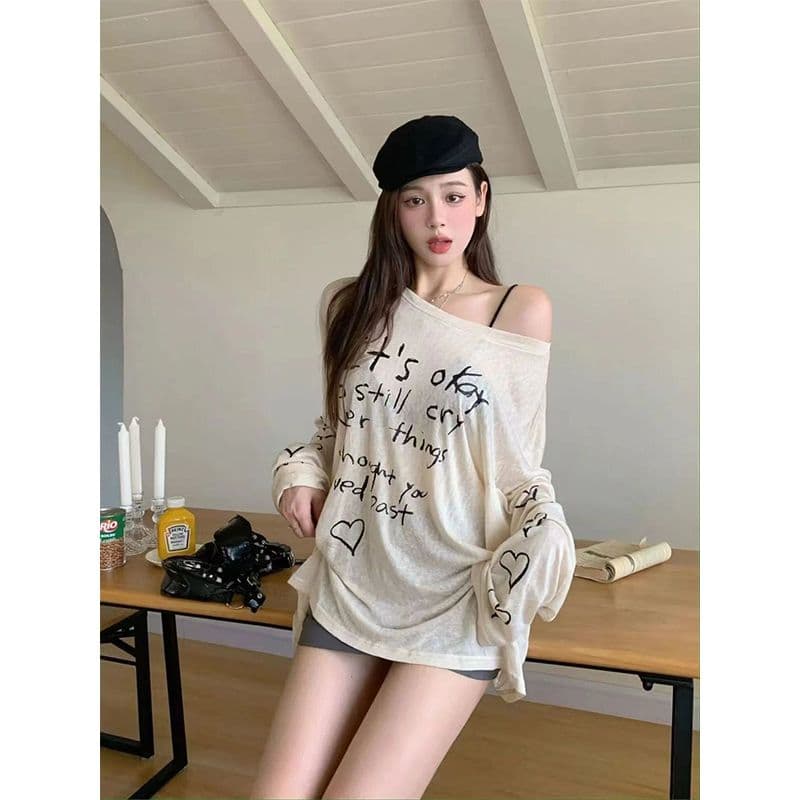 있음 선적 대나무 마디 스트라이프 레트로 프린트 긴팔 티셔츠 여성 가을 느긋한 바람 얇은 스타일 자외선 차단 블라우스 맨위 상세 이미지 10