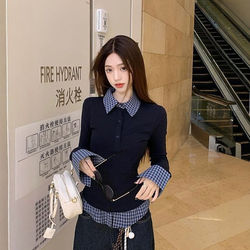 원본 사람들 면 블루 POLO 칼라 페이크 레이어드 기본 셔츠 여성 인사이드 가져 가라. 디자인 센스 패션 몸매 가꾸기 맨위 이미지 4