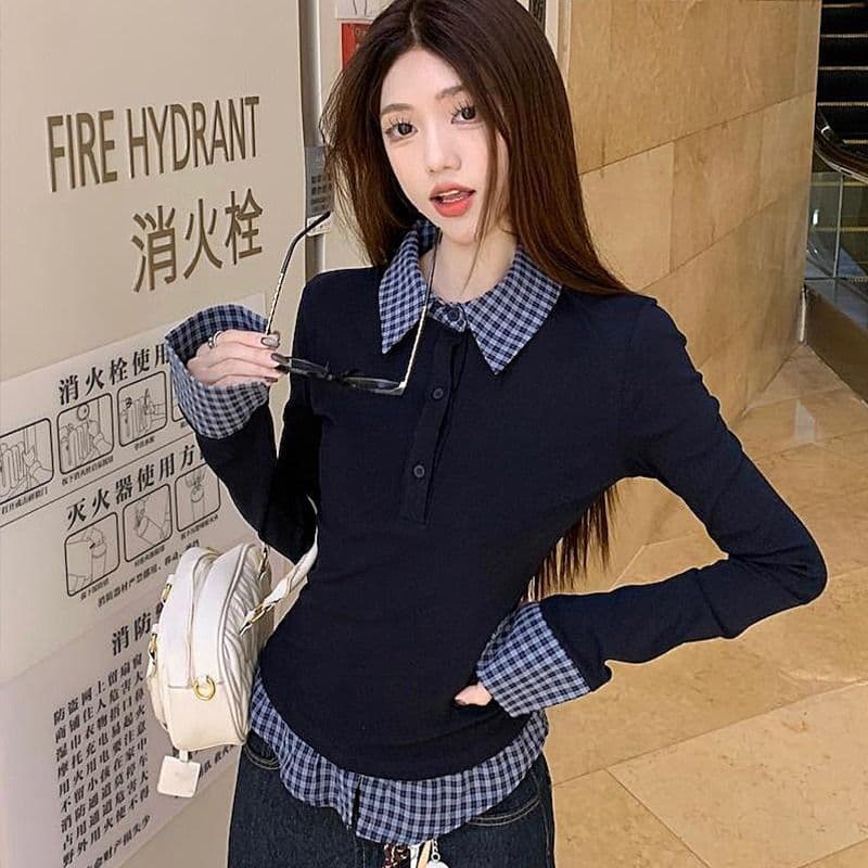 원본 사람들 면 블루 POLO 칼라 페이크 레이어드 기본 셔츠 여성 인사이드 가져 가라. 디자인 센스 패션 몸매 가꾸기 맨위 상세 이미지 8