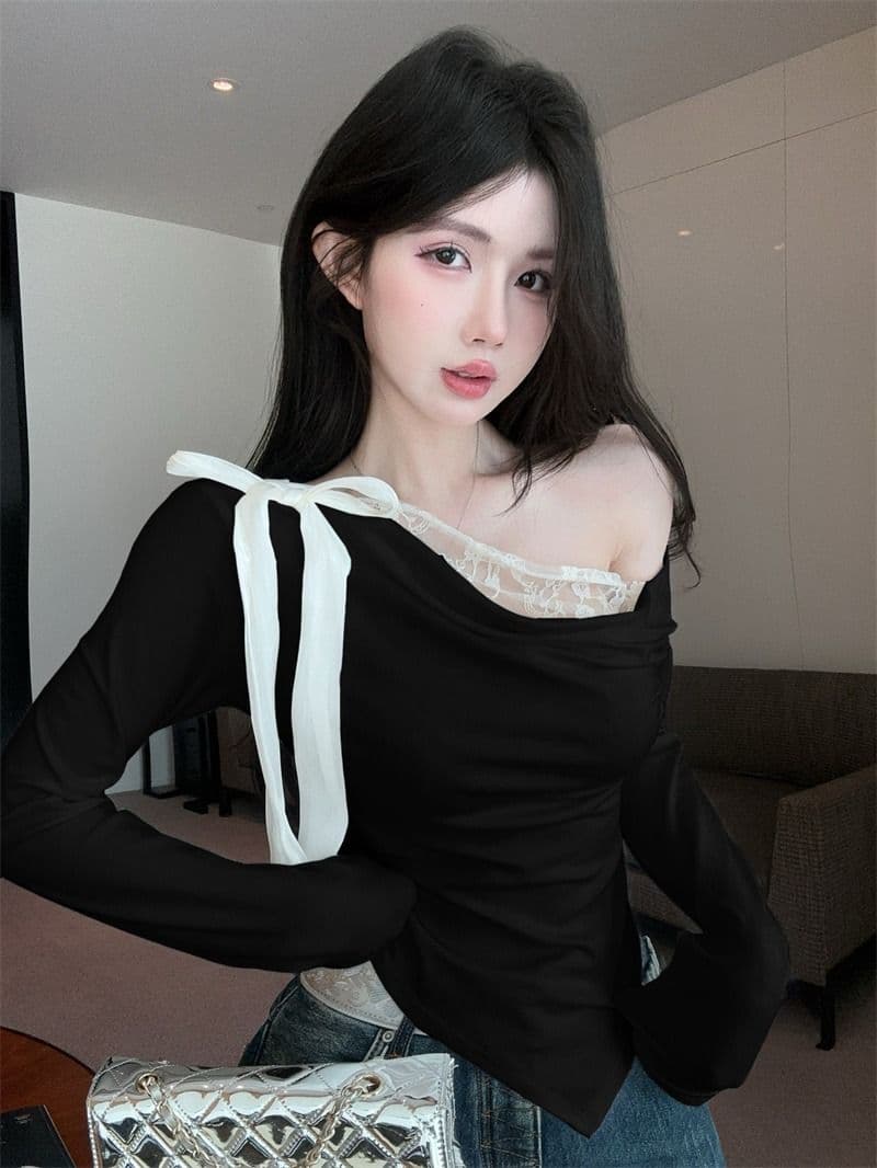 모달 사람들 면 불규칙 비스듬한 어깨 흔들다 칼라 긴팔 티셔츠 여성 핫걸 오프숄더 맨위 레이스 만나는 상세 이미지 4