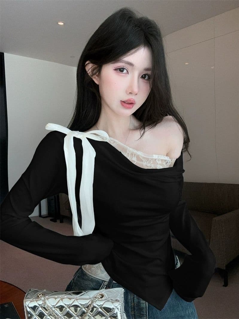 모달 사람들 면 불규칙 비스듬한 어깨 흔들다 칼라 긴팔 티셔츠 여성 핫걸 오프숄더 맨위 레이스 만나는 상세 이미지 8