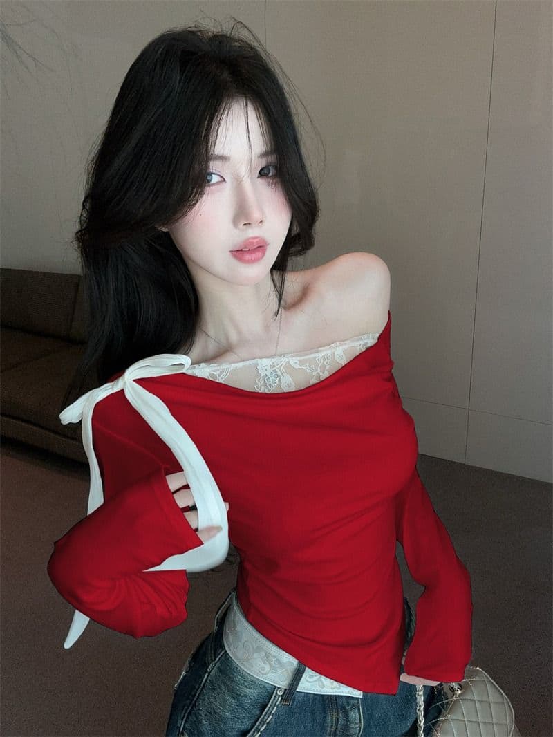 모달 사람들 면 불규칙 비스듬한 어깨 흔들다 칼라 긴팔 티셔츠 여성 핫걸 오프숄더 맨위 레이스 만나는 상세 이미지 9