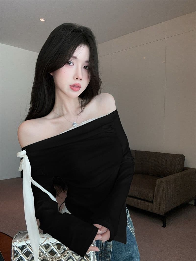 모달 사람들 면 불규칙 비스듬한 어깨 흔들다 칼라 긴팔 티셔츠 여성 핫걸 오프숄더 맨위 레이스 만나는 상세 이미지 10
