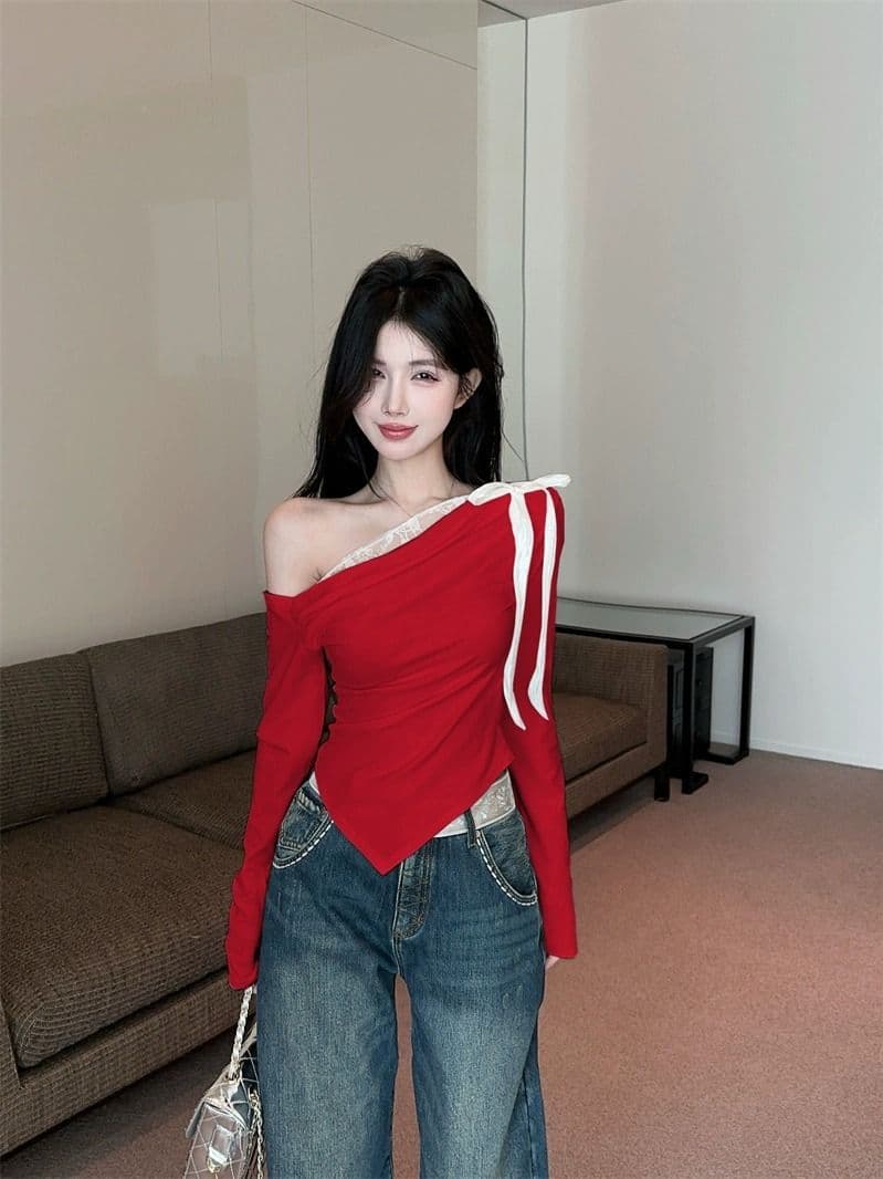모달 사람들 면 불규칙 비스듬한 어깨 흔들다 칼라 긴팔 티셔츠 여성 핫걸 오프숄더 맨위 레이스 만나는 상세 이미지 12