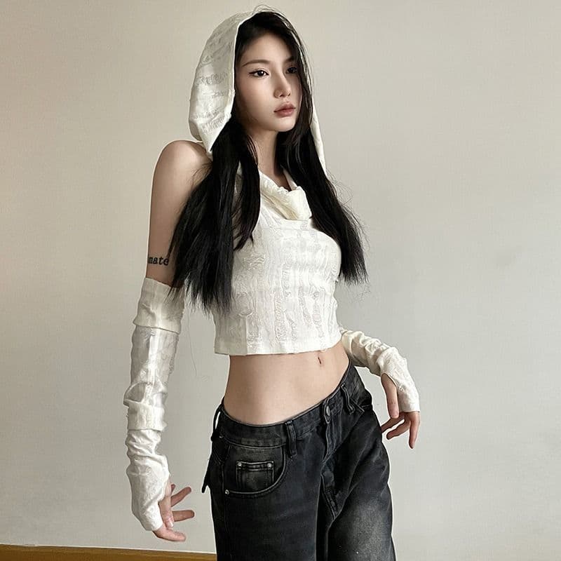 있음 선적 원본 찢어진 부분 천 섹시함 핫걸 후드 맨위 여성 오프숄더 슬림해 보이는 디자인 센스 쇼트 스타일 티셔츠 이미지 2