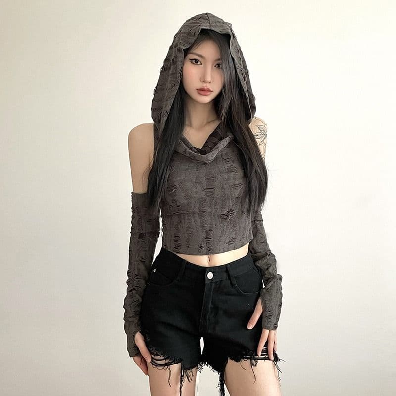 있음 선적 원본 찢어진 부분 천 섹시함 핫걸 후드 맨위 여성 오프숄더 슬림해 보이는 디자인 센스 쇼트 스타일 티셔츠 이미지 3