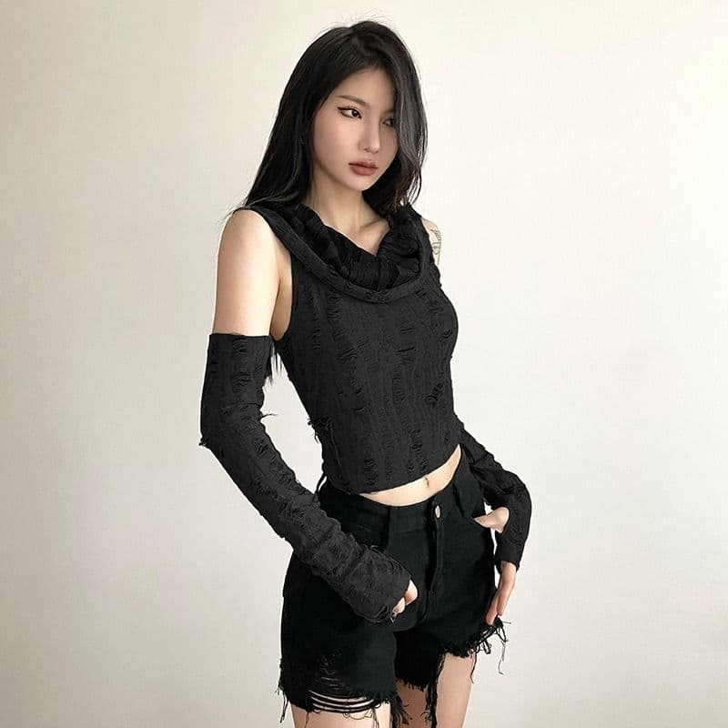 있음 선적 원본 찢어진 부분 천 섹시함 핫걸 후드 맨위 여성 오프숄더 슬림해 보이는 디자인 센스 쇼트 스타일 티셔츠 이미지 4